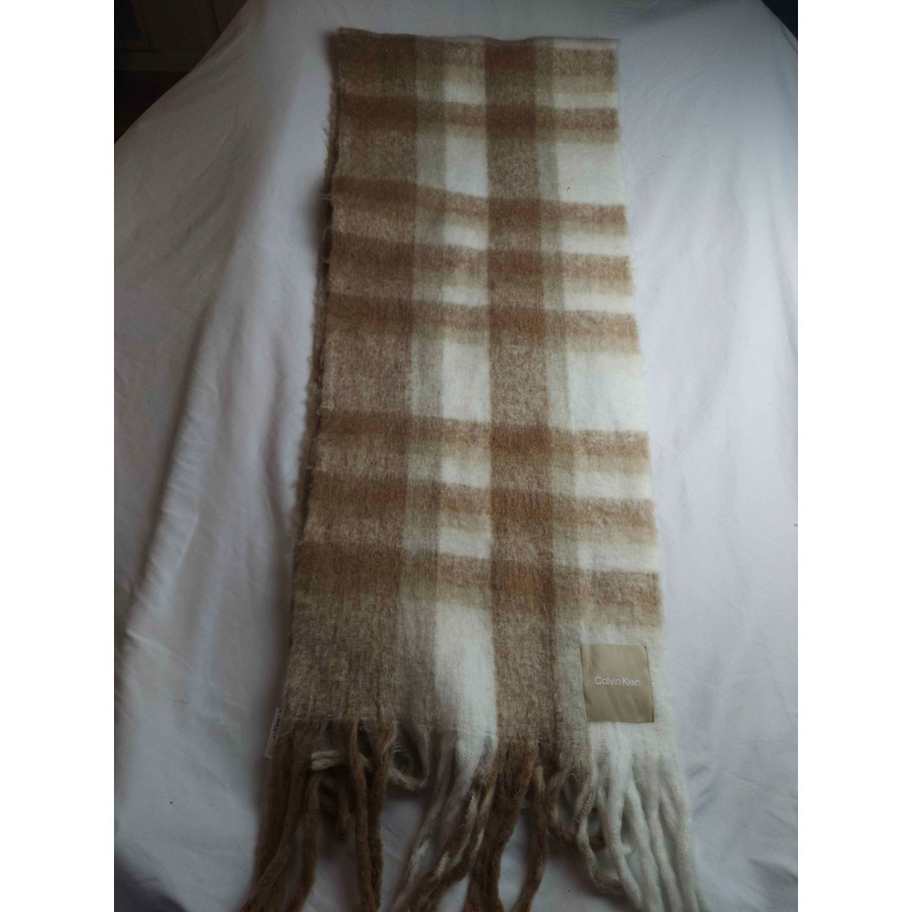 Calvin Klein‎ Rectangle Plaid Fringe Scarf One Size Beige White Knit Cabincore